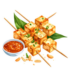 Delicious Grilled Tofu Skewers with Peanut Sauce, Garnished with Green Onions