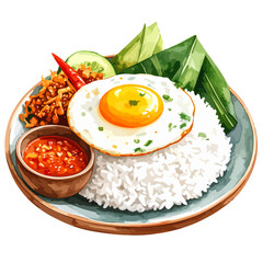 Delicious Nasi Lemak with Fried Egg, Sambal, and Crispy Toppings Illustration