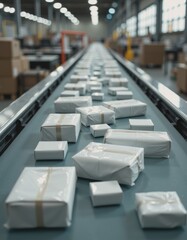Obraz premium Automated conveyor system transporting packages in a modern warehouse