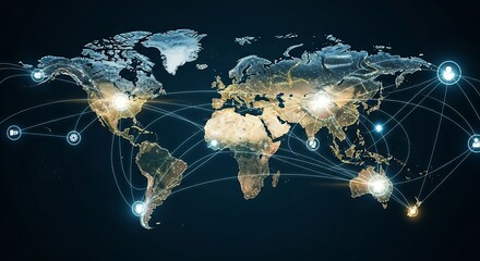 Detailed illuminated world map showcasing global connections and light trails across continents, concept for international networking global logistics and worldwide communication and trade