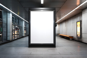Blank advertising billboard stands in a modern subway station with bright lights above it all .