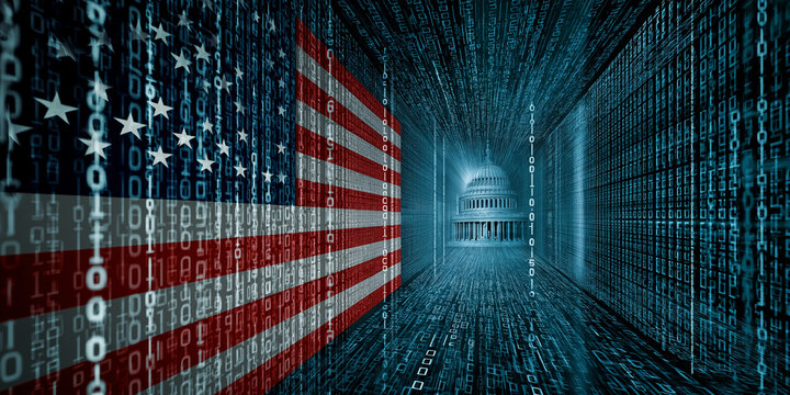Digital representation of United States flag blends with binary code, symbolizing cyber warfare and national security. U.S. Capitol building is visible, highlighting critical infrastructure - Powered by Adobe
