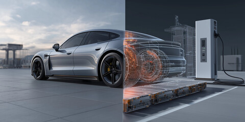 Sleek electric car is parked at charging station, with digital overlay showing its internal battery structure and charging process, highlighting advanced technology and innovation
