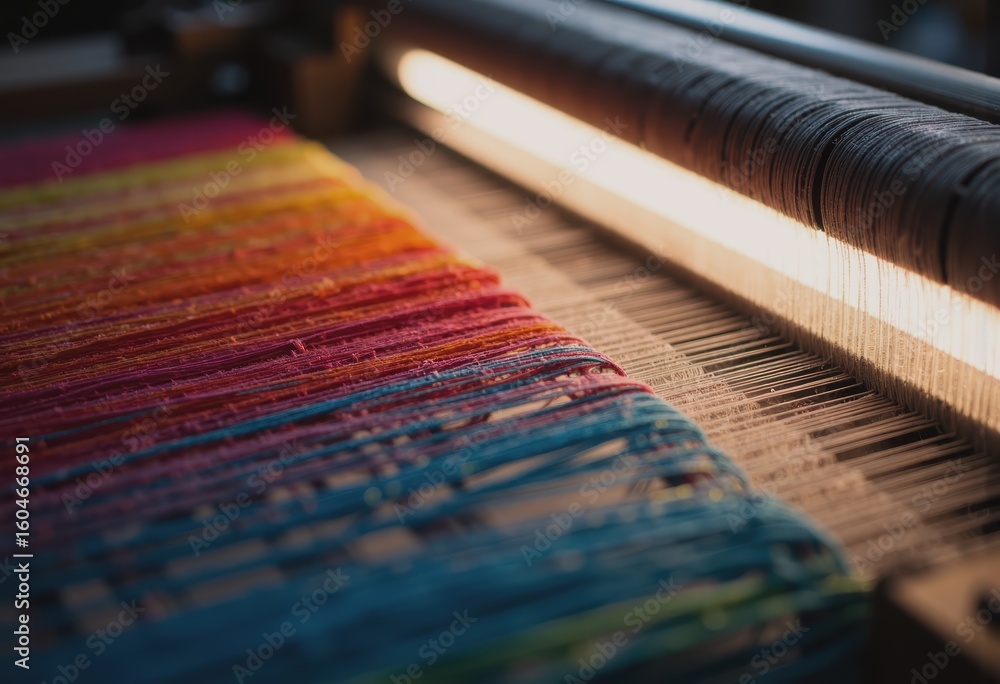 Poster textile loom weaving vibrant fabric patterns in a colorful display