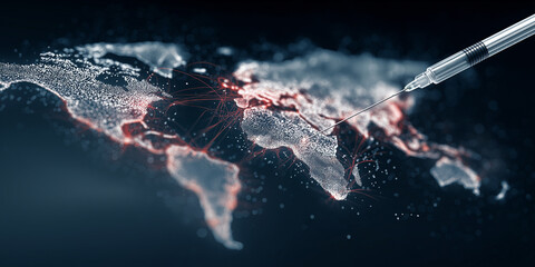 Syringe hovers over digital world map, symbolizing global health and vaccine distribution. Red lines connect various regions, highlighting pandemic preparedness and international collaboration