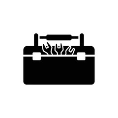 A black toolbox filled with wrenches and a handle on top against a white background flat design