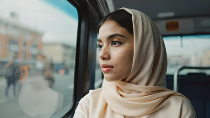 Thoughtful young Muslim woman in hijab looking out the window during a bus ride, peaceful and reflective urban moment