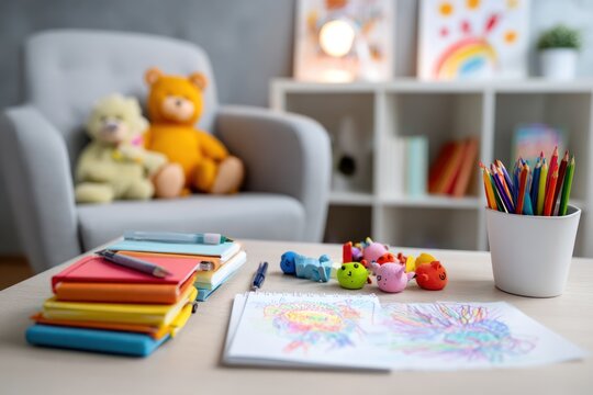 Colorful children's room, toys, art supplies on table