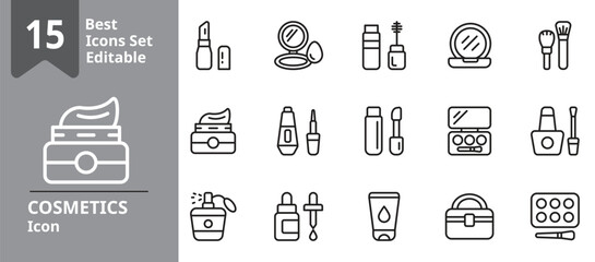 Set of Cosmetics icons. Icons Contains cosmetics, makeup, beauty, skincare, lipstick, etc . Design elements for you projects. Editable stroke vector illustration.