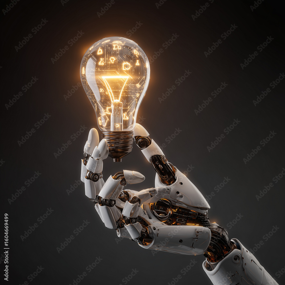 Poster robotic hand illuminates a lightbulb filled with glowing digital symbols representing innovation and