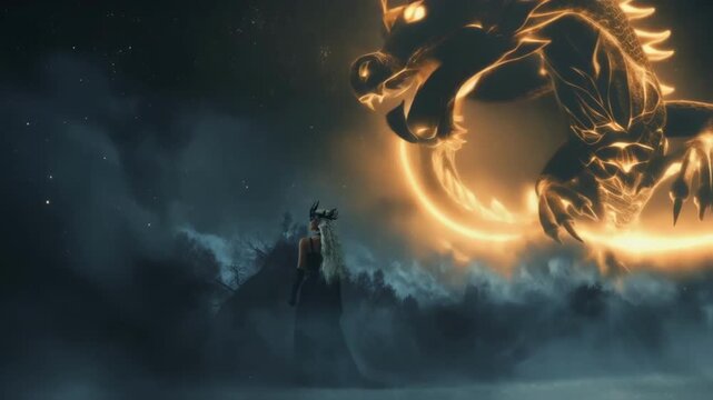Majestic golden dragon materializing from luminous ring against dark cloudy night sky, mythical creature emerging while female valkyrie warrior silently observing supernatural phenomenon