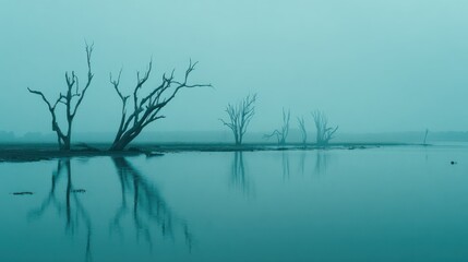 Fototapeta premium Misty morning landscape with bare trees reflecting in still water