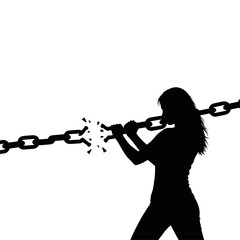 Silhouette of a woman breaking a chain representing freedom and strength on a white background