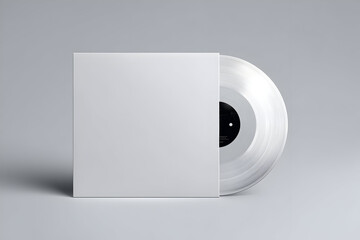 A white record sleeve with a clear vinyl record on a gray background in a studio setting scene shot .