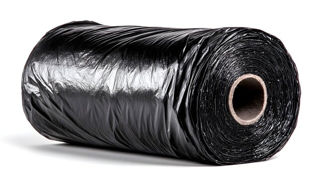 Rolled up roll of black plastic sheeting.