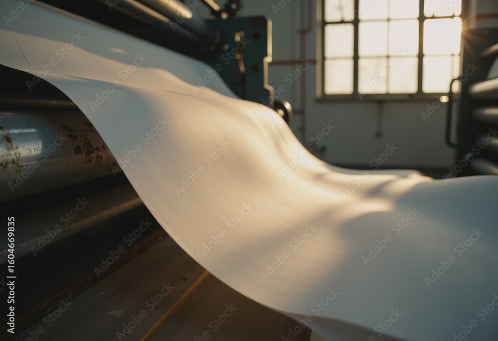 Poster paper production rollers with finished sheets in a factory setting