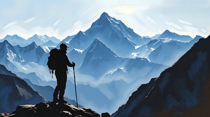 Annapurna Massif,Gandaki Province, Nepal Hiker's silhouette against a backdrop of majestic, snow-capped mountain peaks in a serene, blue-toned landscape