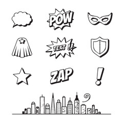 Dynamic superhero comic elements create action-packed designs