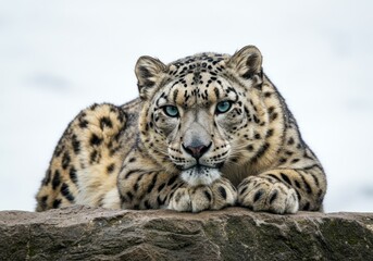 Leopard with Blue Eyes Resting on Rock in Natural Environment