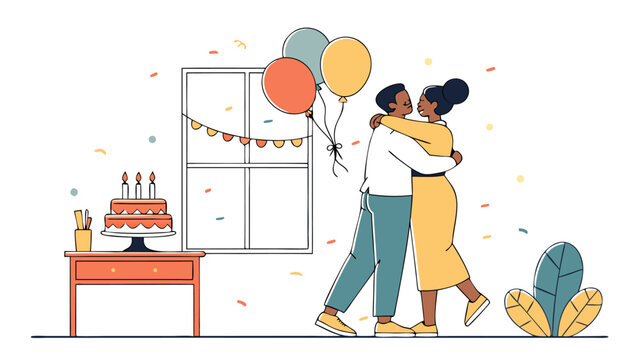 Illustration of couple hugging next to birthday cake balloons and window with party decorations indoors - Powered by Adobe
