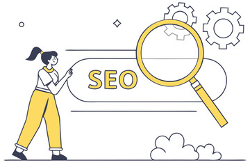 Modern SEO concept vector with woman, search bar, magnifier and gears