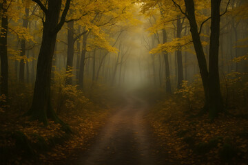 Winding Path Under Golden Autumn Canopy in Fog