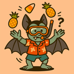 A playful bat in a tropical outfit juggles candy corn and pineapples with wide flared wings, set against a peach background in a funky cartoon style.
