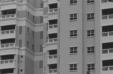 full frame of exterior apartment building apartment building pixelate black and white color halftone dotted texture style collage element	