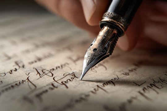 Hand writing with fountain pen on aged paper