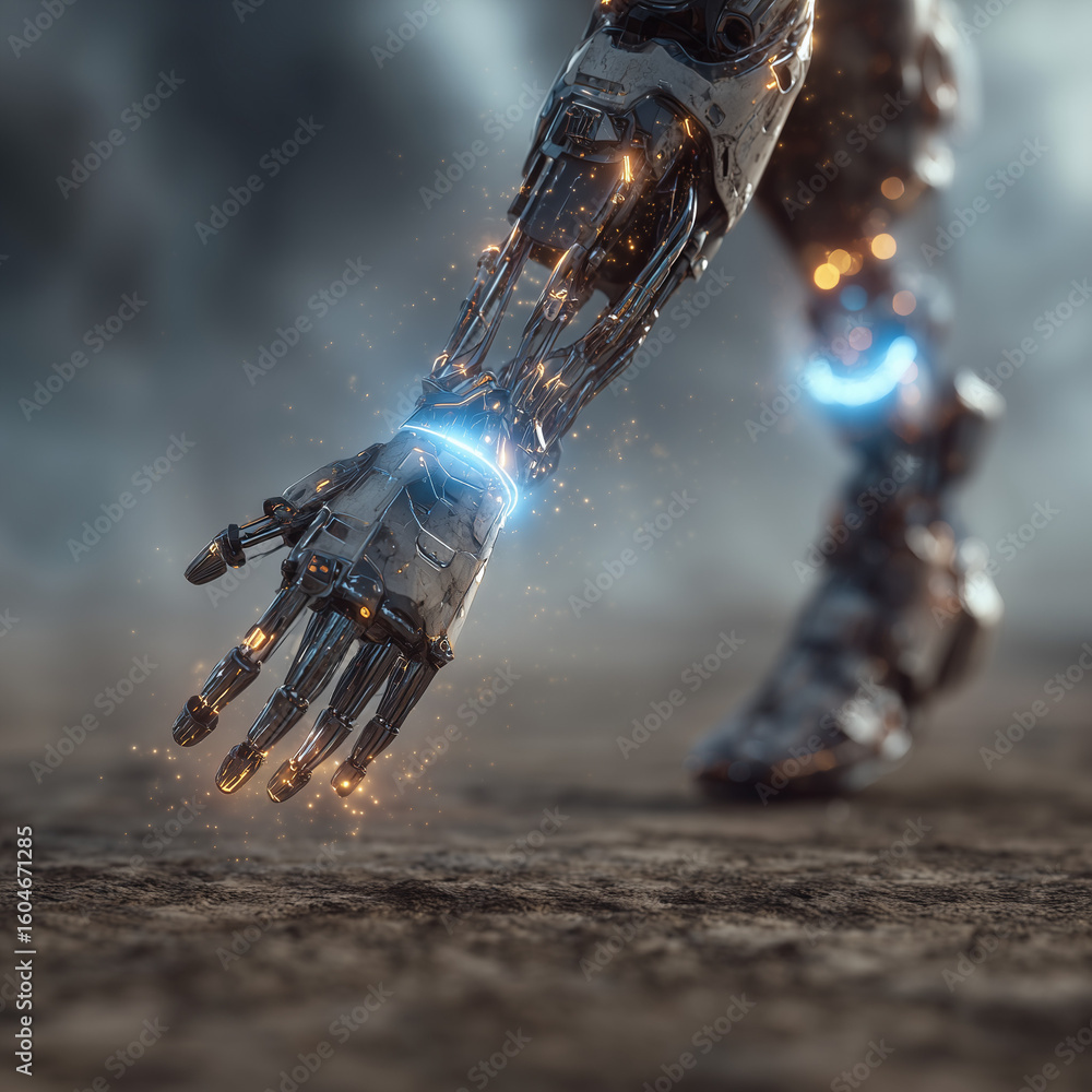 Poster advanced robotic arm reaching out with glowing circuitry in a futuristic industrial setting