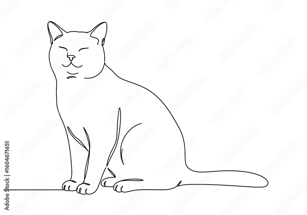 Poster single continuous line drawing of a cat sitting with closed eyes in a minimalist style art
