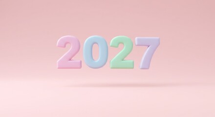 Pastel-colored, 3D rendered numbers "2027" float above a subtly-lit pink surface, creating a soft and inviting aesthetic