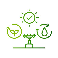 Ecological balance icon with sun, plant, and water drop in green for sustainable development and environmental harmony