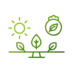Ecological balance icon with sun, leaves, and leaf badge in green for sustainability and environmental health