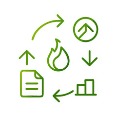 Eco process flow icon with arrows, fire, document, and chart in green for sustainable practices and resource management