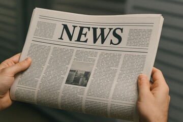 Naklejka premium Hands holding printed newspaper.