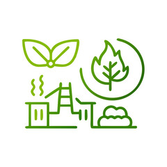 Ecology and industry icon featuring leaves, factory, and flame in green for sustainable development and environmental practices