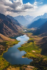 Aerial View Shandur Lake Mountain Valley Blue Green Landscape