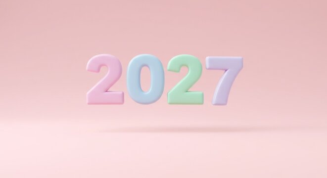 Pastel-colored, 3D rendered numbers "2027" float above a subtly-lit pink surface, creating a soft and inviting aesthetic