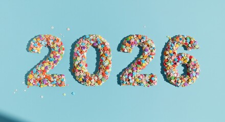 The year 2026 is rendered in vibrantly colored, round sprinkles, presented against a light blue backdrop, showcasing a festive feel