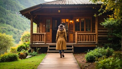 Woman walking away from cabin - Powered by Adobe