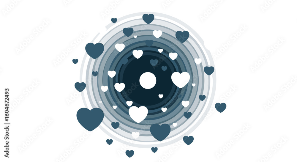 Fototapete Abstract heart spiral motion graphics with expanding circles and floating elements