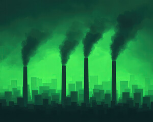 Obraz premium Earth Saving Net zero emission Concept, Industrial smoke stacks emit dark pollutant to green sky causing global warming while earth saving mission for net zero emission needs immediate action