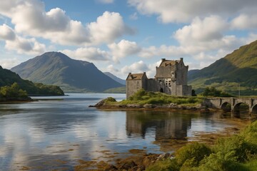 Historic castle amidst scenic landscape.