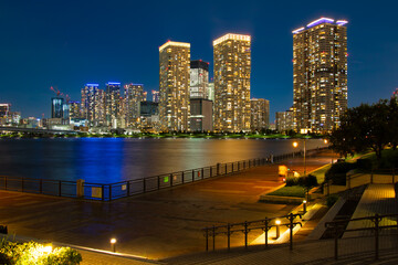 Toyosu skyline at night in Koto, Tokyo, Japan