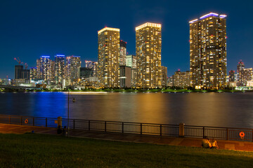 Toyosu skyline at night in Koto, Tokyo, Japan