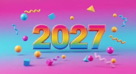 Bright, gradient-colored "2027" text surrounded by floating, geometric shapes and spheres on a vibrant pink-to-blue background