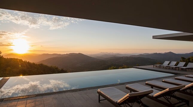 A breathtaking view of sunset ocean view modern cliffside home infinity pool. - Powered by Adobe