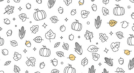 Whimsical autumn pattern featuring pumpkins acorns leaves and stars hand drawn doodle style festive fall elements