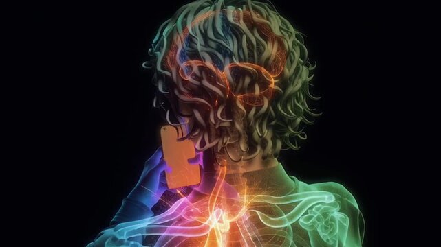 Medical teenager smartphone, chest rainbow glowing energy mid-air, brain regions amygdala, nucleus accumbens, prefrontal cortex each glowing phone addiction 4K cinematic, medical x-ray overlay 4k